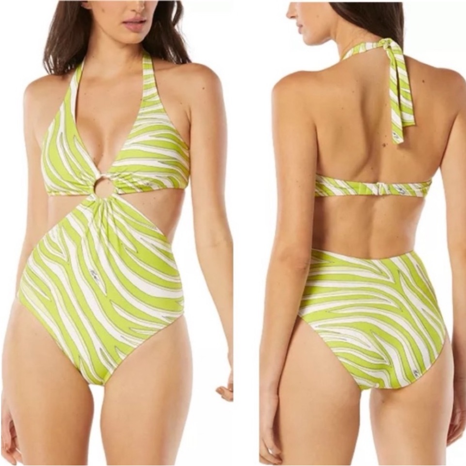 Nwt Michael Michael Kors Printed O-Ring Cutout One-Piece Swimsuit Sz 6 Limeade